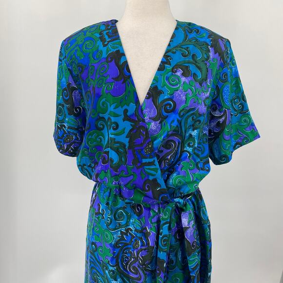 Vintage 80s Silk Faux Wrap Abstract Printed Mini Dress Blue Green NEW Womens 10 - Picture 3 of 9
